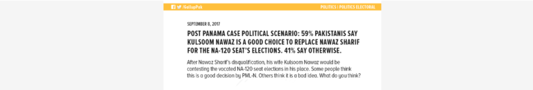 Post Panama Case Political Scenario: 59% Pakistanis say Kulsoom Nawaz is a good choice to replace Nawaz Sharif for the NA-120 seat’s election. 41% say otherwise