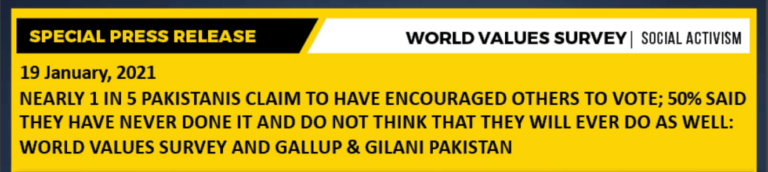 Nearly 1 in 5 Pakistanis claim to have encouraged others to vote; 50% said they have never done it and do not think that they will ever do it as well: World Values Survey and Gallup & Gilani Pakistan
